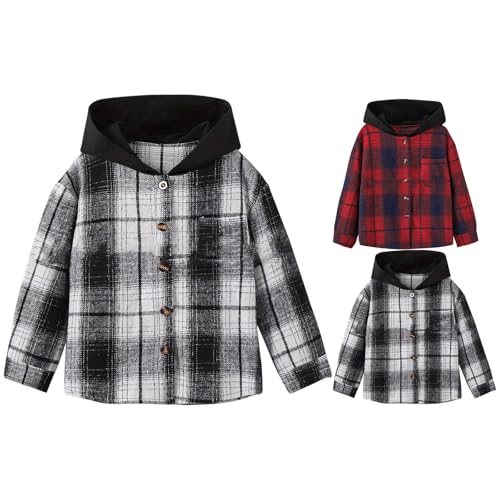 Boys Girls Casual Flannel Plaid Hoodies Fashion Button Down Shirts Long Sleeve Lightweight Fall Jacket Coats Tops