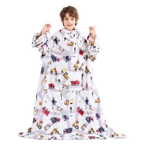 Viviland Kids Wearable Fleece Blanket with Sleeves & Foot Pocket for Kids snuggie Lightweight Soft Blanket for Boys, Hook & Loop 47" x 47" Inches(White Truck) Cover