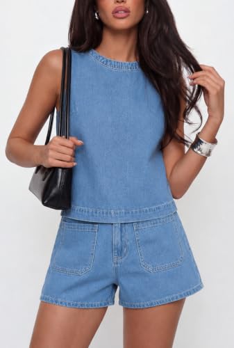Image of Kedera Summer Denim Set for Women 2 piece Casual Sleeveless Boxy Shirt Tops and Shorts Pants Lounge Sets Outfits