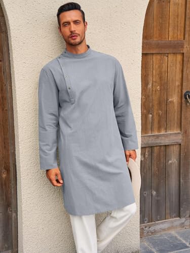 Image of Runcati Mens Kaftan Thobe Robe Long Sleeve Cotton Henley Shirt Casual Muslim Gown Salwar Kurta