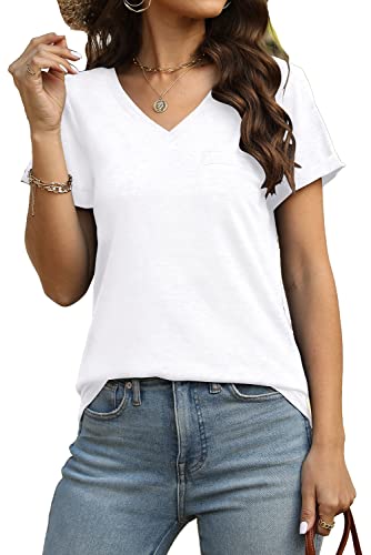 Sieanear レディース トップス 夏 半袖 Vネック Tシャツ カジュアル, A-ホワイト, XX-Large（Amazon）