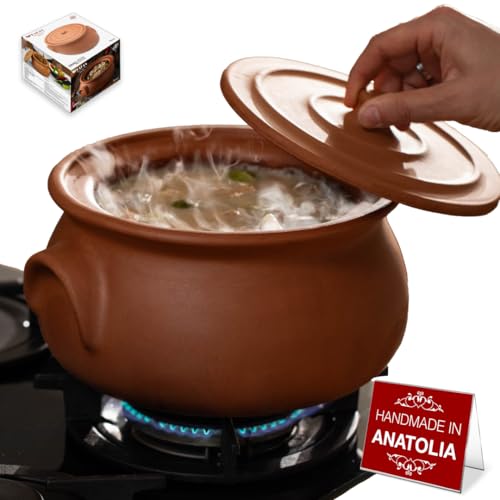 Hakan Handmade Clay Pot with Lid, Natural Unglazed Earthen Cookware, Terracotta Pot, Casserole Dish, Rice Cooking, Clay Pot, Terracotta Pan, Korean, Indian, Mexican Dish, Midi, 4.7 Quarts (4.5 L)