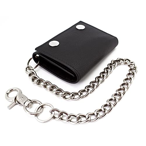 RFID Safe Leather Biker Trifold Chain Wallet Zip Pocket Lobster Claw Hook chain Trucker, Motorcycle (Black 110 TFC)