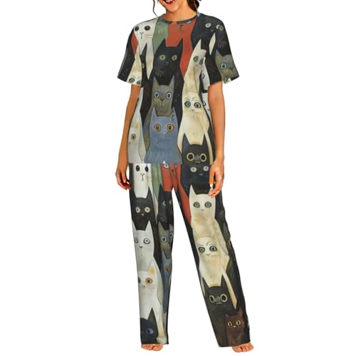 Pyjama chat femme court ensemble détente homewear confortable vêtement de nuit léger