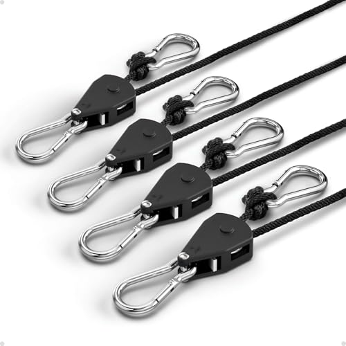 EVMANZ 1/8 Rope Tie Down Ratchet: 4 Pack of Adjustable Grow Light Hangers - Small Ratchet Straps for Various Hanging and Strapping