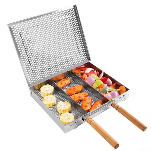 Placha de plancha de acero inoxidable, sartén rectangular para barbacoa con mango de madera, cesta de cocina al aire libre, bandeja portátil para camping, picnic, 25,5 x 30,5 x 4 cm (B)