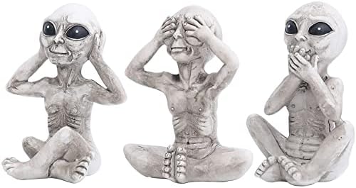 CHBDJY UFO Alien Statue, Outer Space Alien Statue, Hear No Evil See No Evil Speak No Evil Figure Halloween Decor (White Aliens)