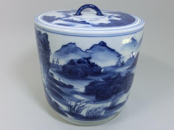 水指砥部焼 佐川 作 染付唐草紋 大振り水さし 大きい 共箱 漆器蓋 お茶道具