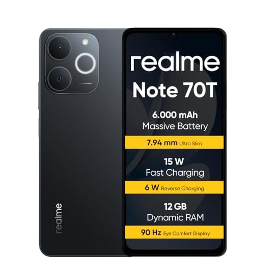 realme Note 70T Smartphone 4+256 GB, Batteria da 6.000 mAh, Ricarica rapida da 15 W con carica inversa da 6 W, 24 GB di RAM dinamica, Display con comfort visivo da 90 Hz, nero