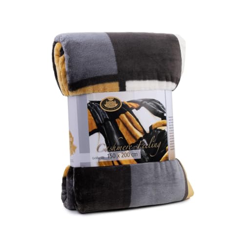 Gözze - Weiche Kuscheldecke, Cashmere Feeling, Hohes Stoffgewicht 500 g/m², Antigua, 150 x 200 cm - Senf/Schwarz/Weiß