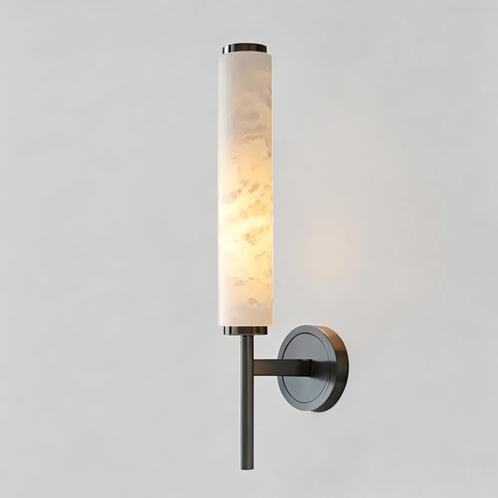 GUOGUOSM Nordic Industrial LED Wall Light, Natural Alabaster Wall Sconce, 18.9in Marble Wall Lamp with Black Metal Base, Bedside Porch Dining Room Decorative Lighting Fixtures.