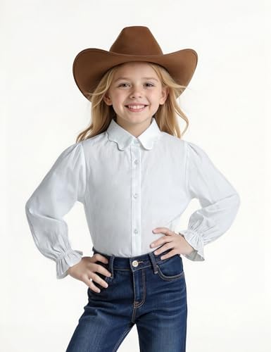 Image of Girls Button Down Shirt Puff Sleeves Blouse Summer Cute Top Doll Collar School Uniform, 4-13Y