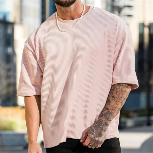Men's Corduroy Loose T Shirt Summer Crewneck Cotton Running Loose Short Sleeve3
