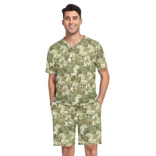 Laprad Men's Pajamas Set Short Sleeve Sleepwear Horses Floral Comfortable Loungewear