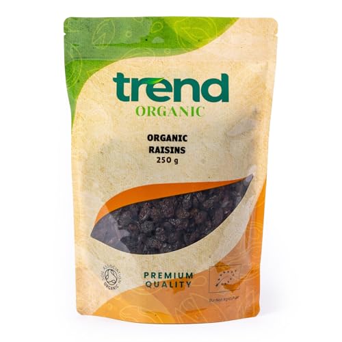 Trend Organic Raisins, 250g-Unsweetened, Unsulphured, Sun Dried, Natural Sugars, Rich in Fibre and Minerals, Certified Organic, Vegan, GMO-Free, No Additives No Preservatives, Raw