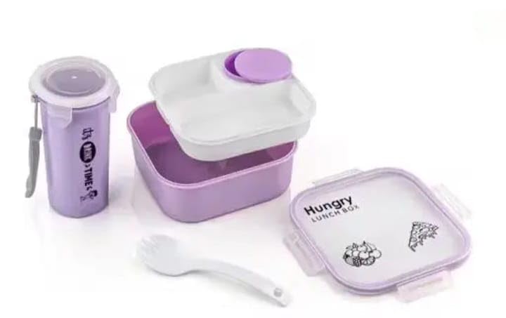 Image of Hungry Lunch Box with Water Bottle | Leakproof 3 Compartment Tiffin Box with Spoon, Fork & Sauce Container | BPA Free Food Grade Plastic | Microwave & Dishwasher Safe Lunch Box for School (Purple)