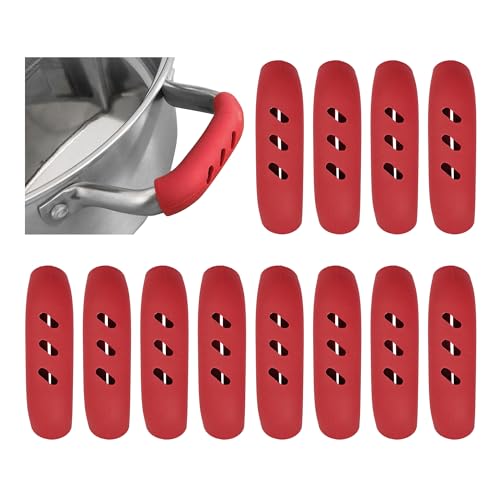 Runseaway 6 Pairs 3x0.8” Silicone Pan Handle Grips, Heat-Proof Pot Holder Sleeves, Anti-Scald Kitchen Covers, Non-Slip Cookware Protectors for Wok Frying Pans Griddles(Red)