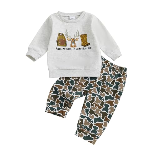 Deer Hunting Baby Boy Clothes Long Sleeve Funny Letters Sweatshirt Tops Camouflage Pants Set Fall Winter Outfits