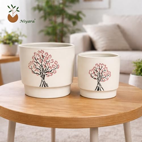 Image of Niyara White Ceramic Planter Pot with Tree Design | Decorative Indoor & Outdoor Flower Pot (Set of 2)