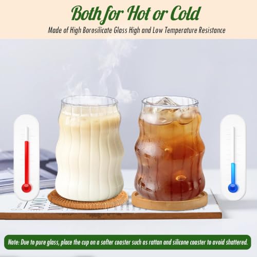 Image of Creative Glass Cups with Lids and Straw - 500ml,Set of 1, Wave Shape Cute Drinking Tumblers Ribbed Cups Vintage Ripple Glassware for Cocktail Juice Iced Coffee Tea Soda Milk