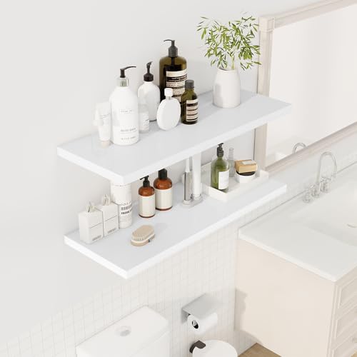 Image of Dreamland 36 inch Floating Shelves for Wall, 12 inch Deep Slim White Floating Shelves, Wall-Mounted Shelves for Bedroom, Living Room, Kitchen, Bathroom - Set of 2