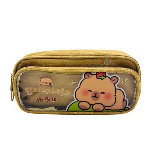 Image of Alokik Enterprise Cute Cartoon Pencil Pouch with Double Zipper & Transparent Window, Large Capacity Fabric Pen Case for School, Office, Students, Kids & Teens (Daily Life Khakhi Pouch)