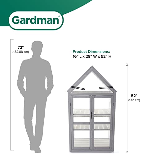 Gardman R70200425 Dove Gray Wooden Growhouse with UV Treated Polycarbonate Glazing and Adjustable Shelves. Dimentions:16" x 28" x 52" inches (LxWxH)