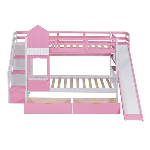 MERITLINE Twin Over Twin Bunk Bed for Kids, Castle Bunk Beds with 2 Drawers 3 Shelves and Slide, Solid Wood Twin Bunk Bed for Kids Girls Boys Teens (Pink)