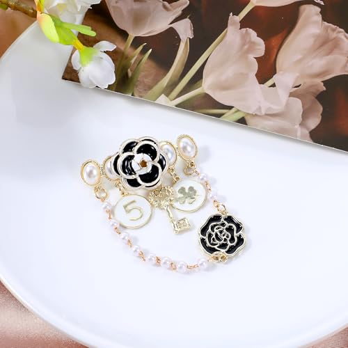 Image of Dimeho Imitation Pearl Dangle Chain Brooch Vintage Lapel Pins and Brooches for Women Four Leaf Clover Brooch
