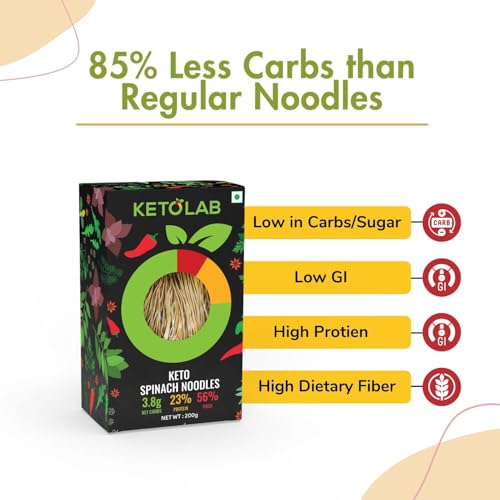 Image of Ketolab Keto Spinach Noodles Spaghetti, 200 Gms, 1 Pack, 3.8g Net Carb & 23% High Protein /Serving, Identical to Regular Noodles, Low Carb, High Fibre, Low GI, Keto Diet, Diabetic Friendly