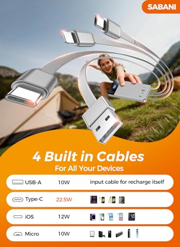 Image of Portable Charger 35000mAh Power Bank - Powerbank with 4 Built in Cables, 22.5W Fast Charging Travel Camping Essential Battery Pack Compatible with iPhone 17 16 15 14 13 Samsung Google, 1 Pack, Silver