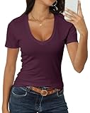 Women Short Sleeve Deep V Neck Tops Shirts Fitted Cotton Summer Tshirt Tee Maroon L