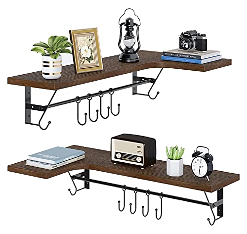 Floating partition Floating Shelves Set of 2 Corner Wall Mounted Shelves with Towel Holders & 8 Hooks Rustic style Wood Storage Floating Bookshelf for Bathroom Living Room Kitchen Shelf