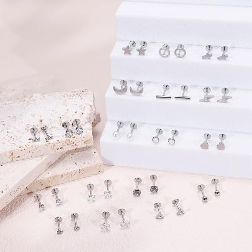 18Pairs 18G Surgical Steel Threadless Stud Earring for Women Men Push in Helix Cartilage Earrings Studs CZ Hypoallergenic Heart Moon Star Flat Back Earring 6/8mm4
