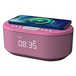 i-box Bedside Alarm Clock Radio Non Ticking with USB Charger, Bluetooth Speaker, QI Wireless Charging & Dimmable LED Display - Mains Powered (Pink)