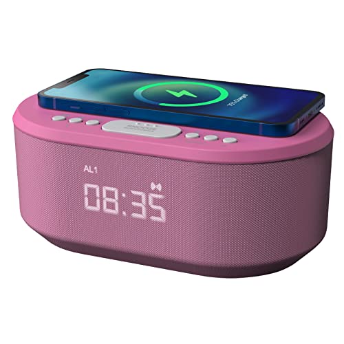 i-box Bedside Alarm Clock Radio Non Ticking with USB Charger, Bluetooth Speaker, QI Wireless Charging & Dimmable LED Display - Mains Powered (Pink)