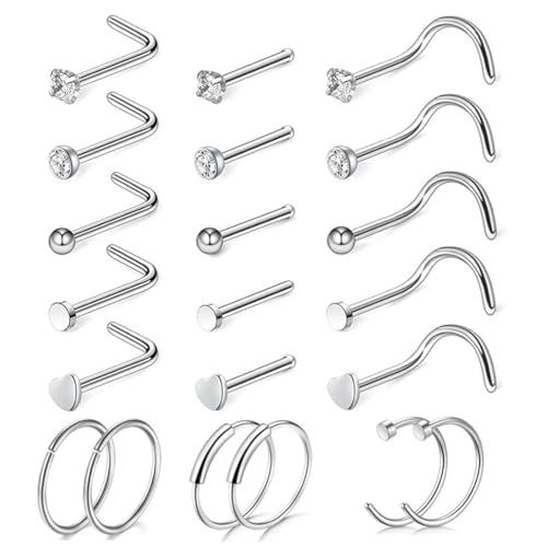 IKOPFLN 21 Piezas Juego de 20G Plata Piercing Nariz Acero Quirúrgico Piercing Nariz Anillo CZ Piercing Nariz Rhinestone Septum Piercing Nostril