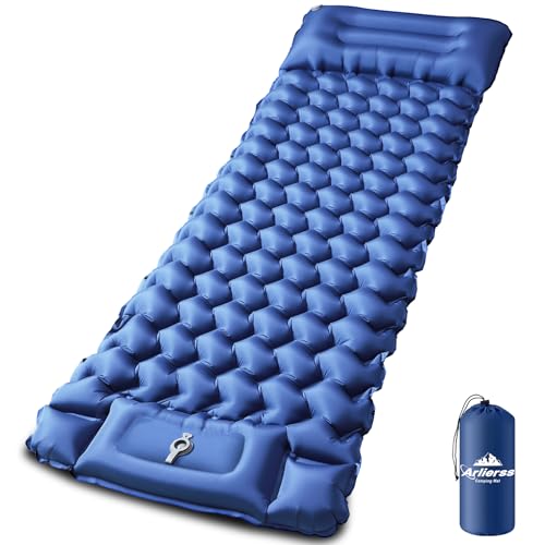 Arlierss Isomatte Selbstaufblasend,Ultraleichte Aufblasbare Luftmatratze,Camping Matratze mit Fußpresse Pumpe, Anti-Ripstop Tragbar Schlafmatte Outdoor mit Kissen für Wandern,Strand,Reise-Blau