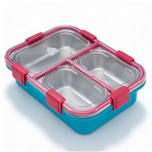 Image of Belocopia Gobblez Stainless Steel Lunch Box 525ml | Teal | SUS 304 Food Grade Steel | 3 Compartment Leakproof Tiffin Box with Spoon | Airtight Lunchbox for Office, School & Meal Prep