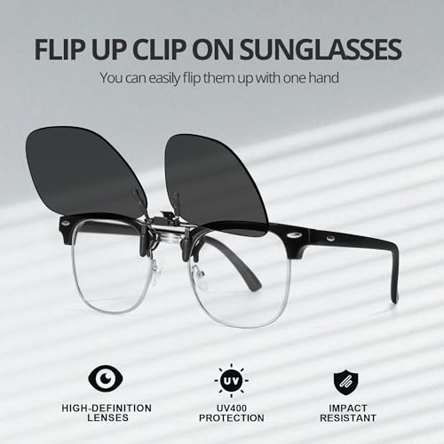 VIEWBETTER® 3PCS Polarized Clip On Sunglasses Over Glasses for Men Women UV400 Protection Rimless Metal (Flip Up) V1032