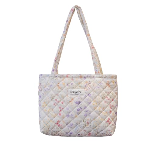 Image of Floral Quilted Cotton Shoulder Bag for Women Daily Use Medium Size Handbag Large Capacity Thickened Design Tote