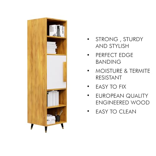 Image of Bniture Bookshelf for Home | Engineered Wood Book Shelf with 1 Door & 4 Shelf | Open Book Shelf Stand for Library | Multipurpose Display Organizer for Living Room & Study | Giant Wood & Frosty White