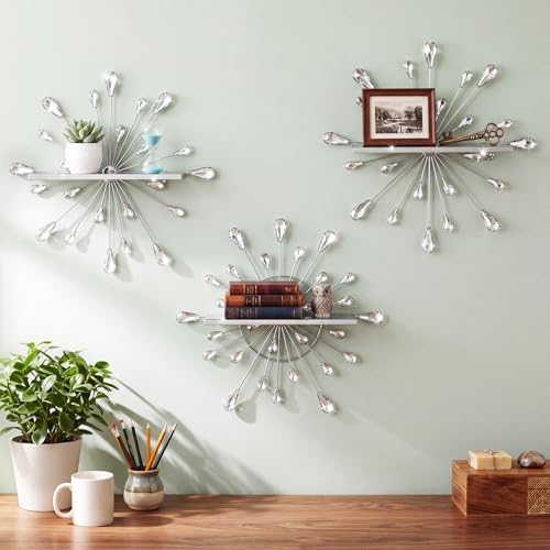Image of Yaocom Set of 3 Crystal Floating Wall Shelves, Silver Teardrop Metal Wall Mount Storage Shelf, Decorative Floating Display Rack for Bedroom Living Room Kitchen Office Home Decor