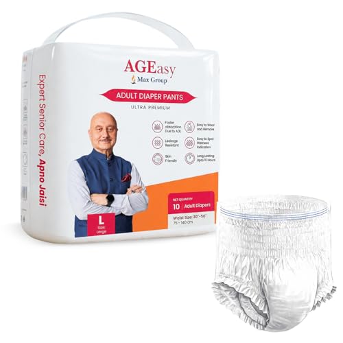 Image of AGEasy (Max Group) Unisex Adult Diaper Pants | L (Waist 30-55 inches) | 10 Units | Overnight Leak Protection | Wetness Indicator | Odour Lock | Anti-Bacterial | Skin Friendly (Pack of 6)