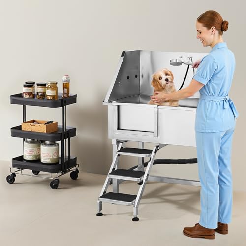 VEVOR Hundewaschstation aus Edelstahl, 961x620x1220 mm, Tierpflegewanne mit Ablagetreppe, Wasserhahn, Duschkopf & Seifenhalter, Hundebadewanne für große, mittelgroße & kleine Haustiere (Linke Tür)