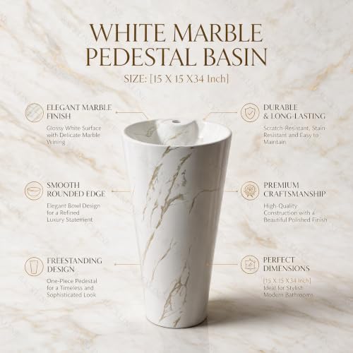 Image of Backline Pedestal Wash Basin| Free Standing Pedestal Basin 7 Years Warranty | One Piece Basin for Bathroom /Office /Living Room /Restaurant (Size - 15 x 15 x 34 Inch) (White Glossy)