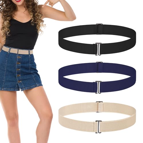 3 Pack Belts for Women, No Show Stretch Belt with Flat Buckle, Adjustable Elastic Waist Belt, Women's Belts for Jeans, Pants, Dresses, Invisible Belt Set for Women - Black, Blue, Khaki