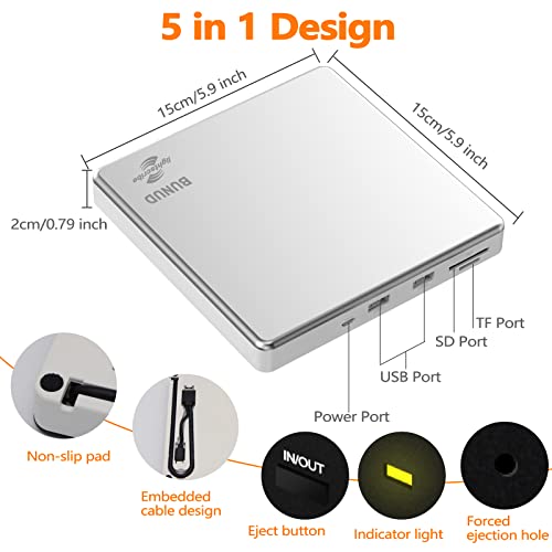 External CD DVD Drive, USB 3.0 & Type-C Lightscribe DVD Burner for PC DVD Reader with SD/TF Slot and 2 USB, Slim Optical External Drive for Mac Laptop MacBook Pro Air Windows iMac - Image 3