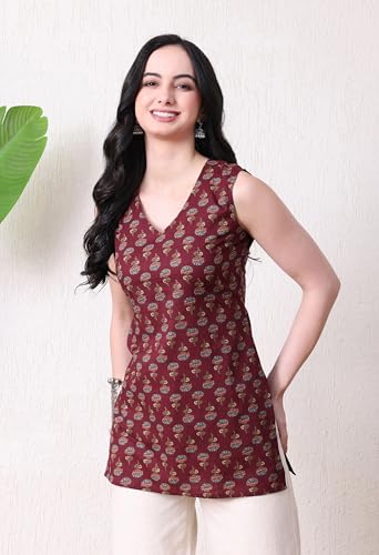 Image of MEERA FAB Women's Floral Printed Cotton Short Top | Floral Booti Printed Top Cut Sleeves | Short Kurti for Women