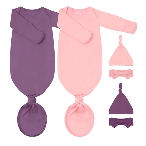 Image of COOZYNANA ewborn Knotted Gown 2-Pack, Soft Breathable Baby Sleep Gown with Hat & Headband for Boys Girls